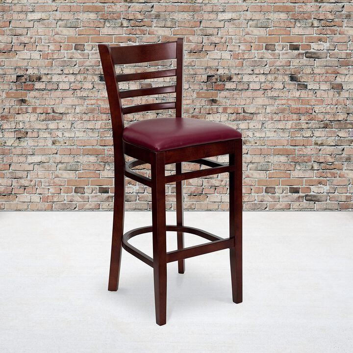 Flash Furniture HERCULES Series Ladder Back Mahogany Wood Restaurant Barstool - Burgundy Vinyl Seat