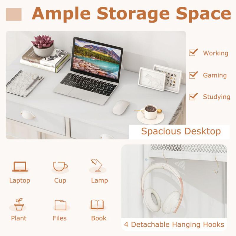 Space-Saving Home Office Desk with 2 Fabric Drawers and 4 Hanging Hooks for Storage