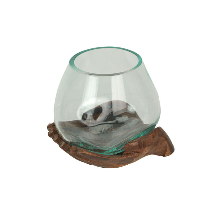 Blown Molten Glass and Carved Wood Hands Decorative Bowl