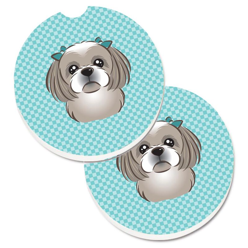 Caroline's Treasures Checkerboard Blue Gray Silver Shih Tzu Set of 2 Cup Holder Car Coasters BB1188CARC, 2.56, Multicolor