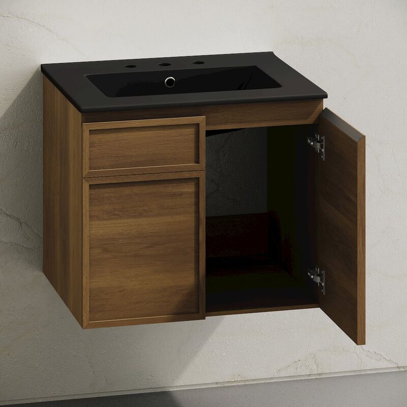 24" Wall-Mounted Bathroom Vanity in Brown Oak, Black 3-Hole Centerset Sink Top image number 3