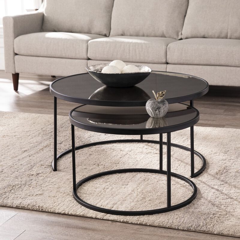 Hivvago Set of Two Black And Silver Mirrored Round Nested Coffee Table Set