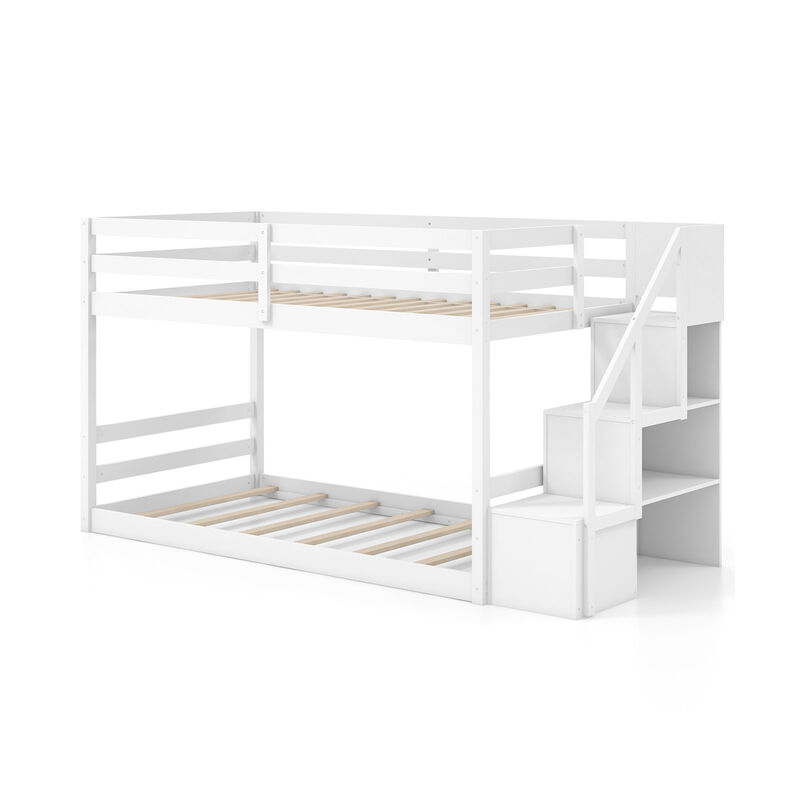 Wooden Bunk Bed Frame with Built-In Storage Stairs and Low Floor Profile