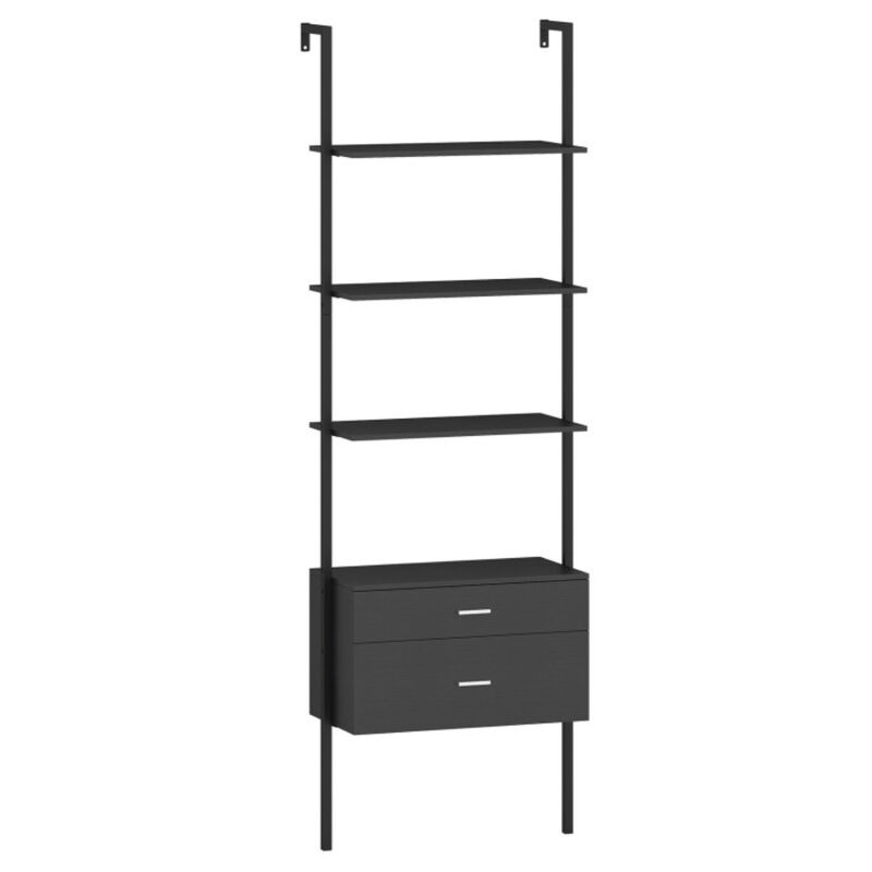 Modern 4-Tier Ladder Bookcase with Drawers, Metal Frame Display Shelf-Black image number 0