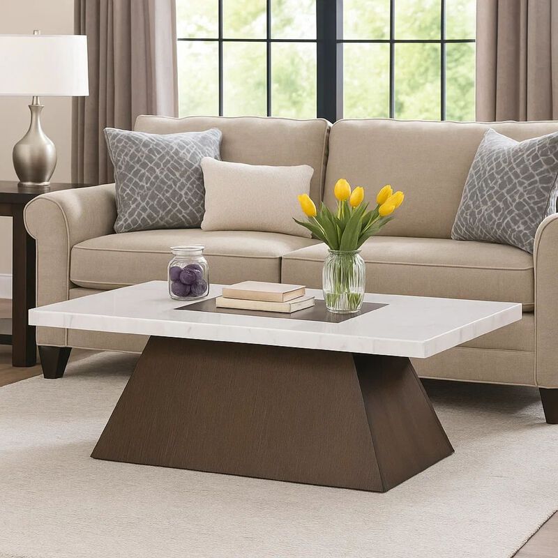 Asten Coffee Table, 48 Inch White Marble, Walnut Brown Pedestal Base image number 1