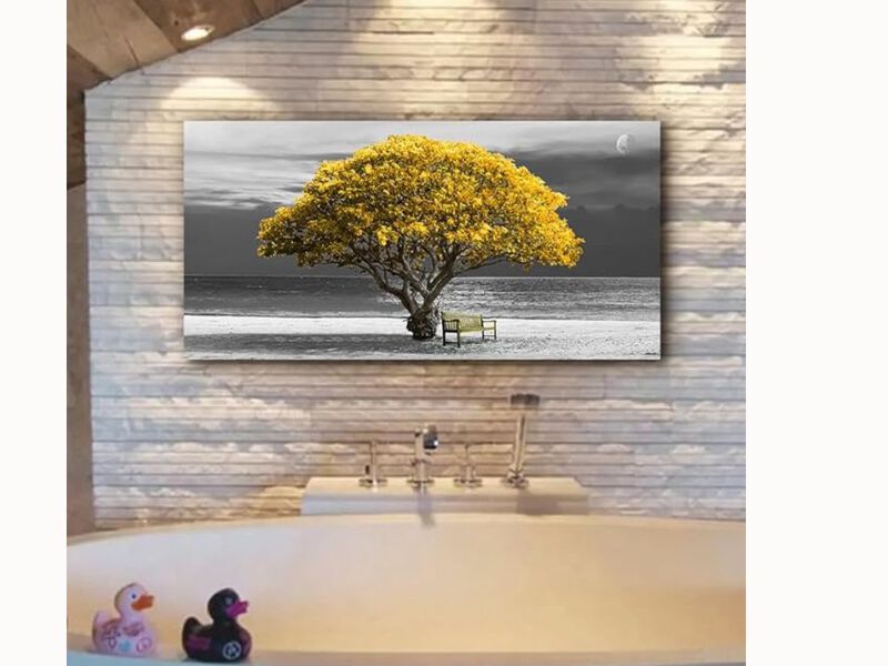 Black & White Landscape Canvas with Yellow Trees – 20×40" Framed Wall Art for Living Room, Bedroom & Office
