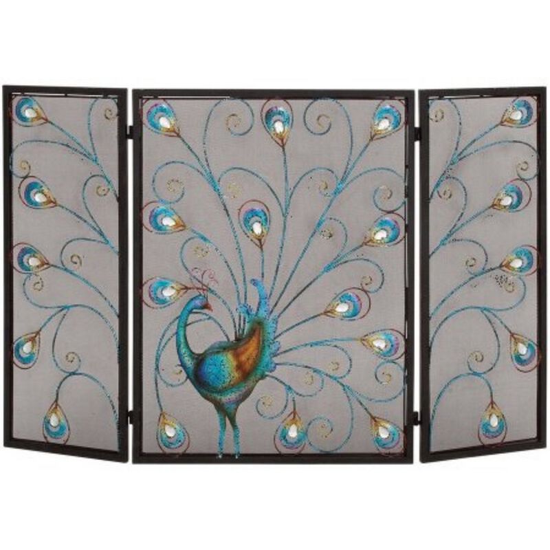 Peacock Theme Metal 3 Panel Mesh Fireplace Screen, Multicolor-Benzara