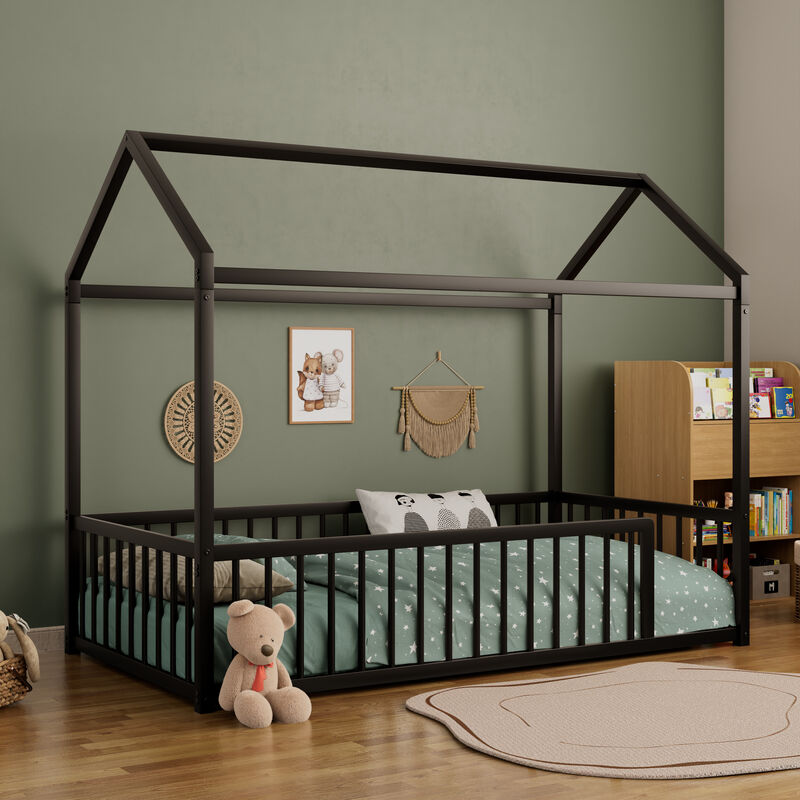 Merax Montessori Style Metal Floor Bed Frame, House Shaped Bed with Fence for Kids and Toddlers image number 2