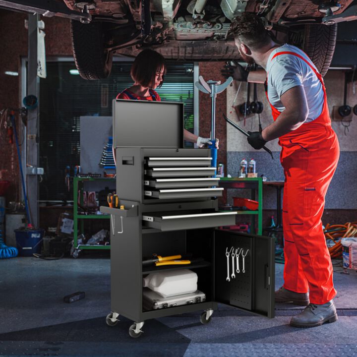 2-in-1 Rolling Tool Chest with 5 Lockable Sliding Drawers, Detachable Metal Tool Cabinet on Wheels