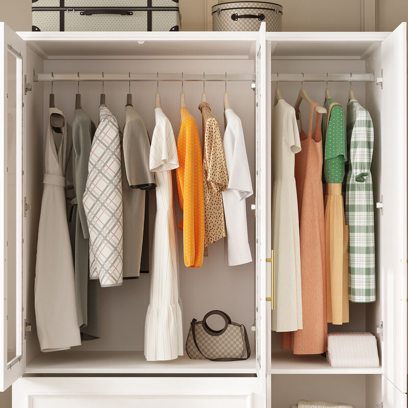 FUFU&GAGA White Wardrobe with 4 Doors, 3 Drawers, 2 Hanging Rods, and Adjustable Shelves – Stylish and Functional Bedroom Storage Solution (47.4" W x 19.3" D x 74.8" H),White