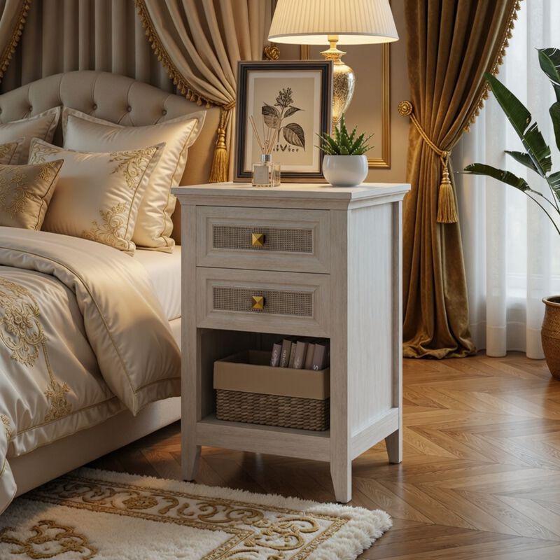 17.7" Assembled Rattan Nightstand 2-Drawer Shelf Boho image number 1