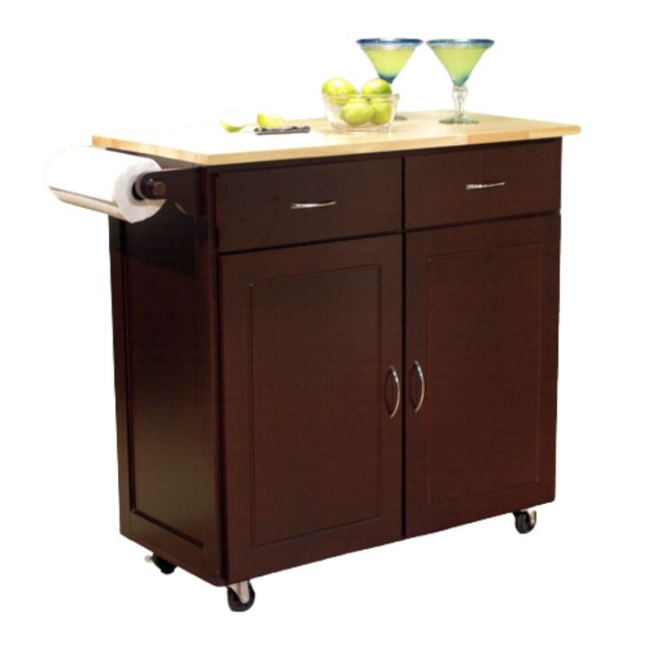 Hivvago 43-inch W Portable Kitchen Island Cart with Natural Wood Top in Espresso