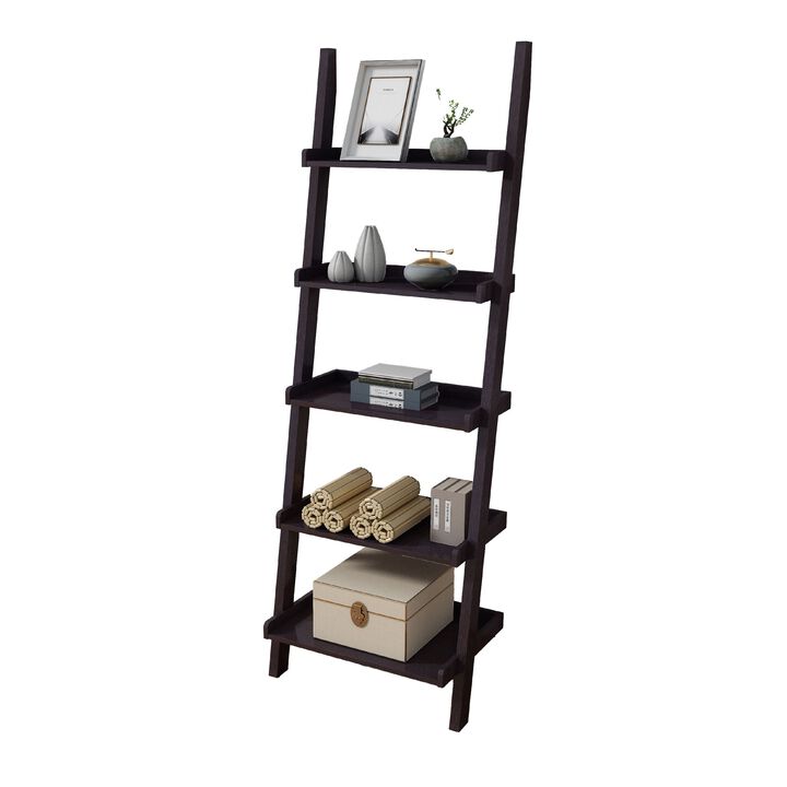 Accent Ladder Bookcase with 5 Shelves, 72 Inch, Red Cocoa Brown - Benzara