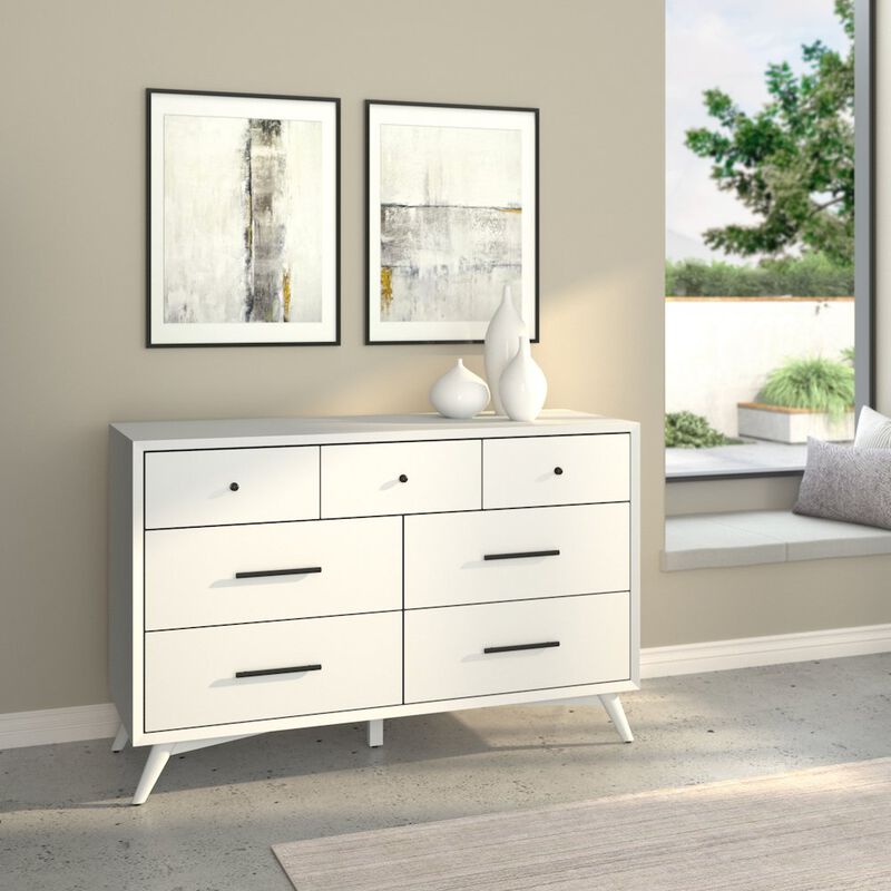Alpine Furniture Flynn Mid Century Modern 7 Drawer Dresser, White