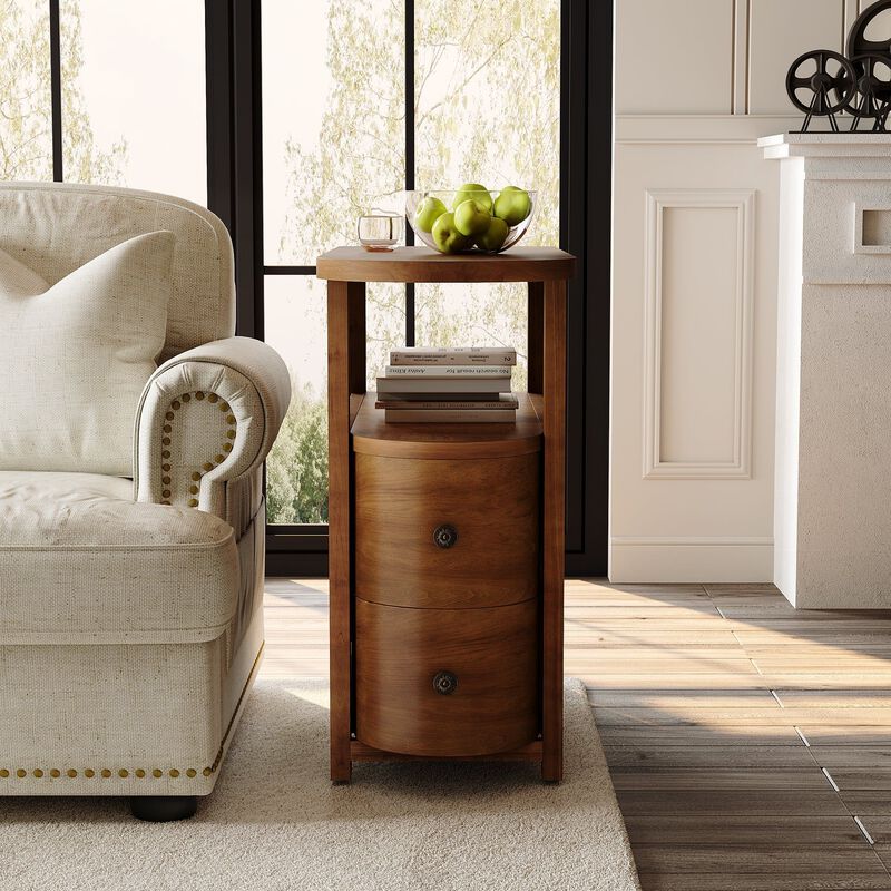Slim Solid Wood Side Table with 2 Drawers and Open Shelf, End Table image number 5