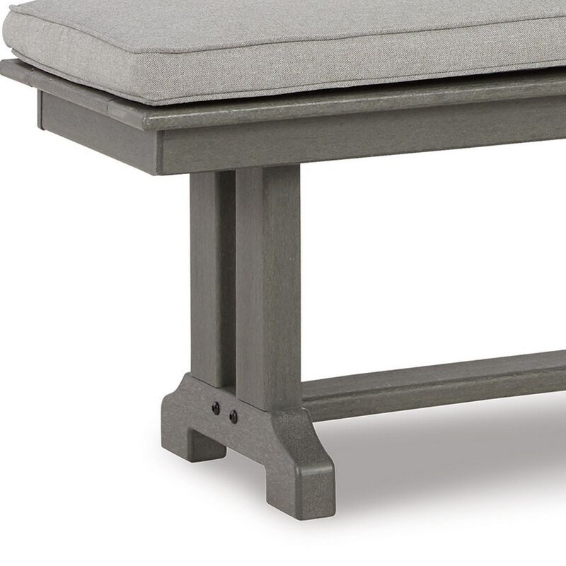 Vrai 54 Inch Outdoor Bench, Gray Wood Frame, Trestle Base, Cushioned Seat-Benzara