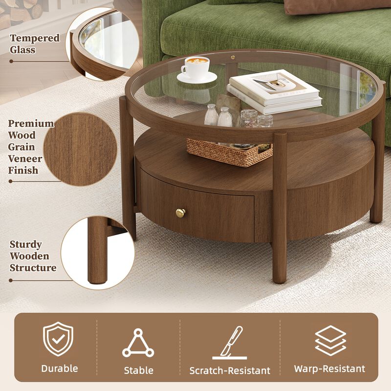 Whisen 29.5" Round Glass Top Coffee Table, Solid Wood 2-Tier Coffee Table with Drawer, Mid-Century Modern Center Table for Living Room image number 6