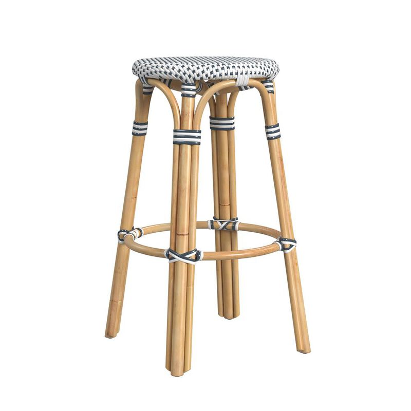 Butler Specialty Tobias Round Rattan 30 Bar Stool, White and Navy Dot