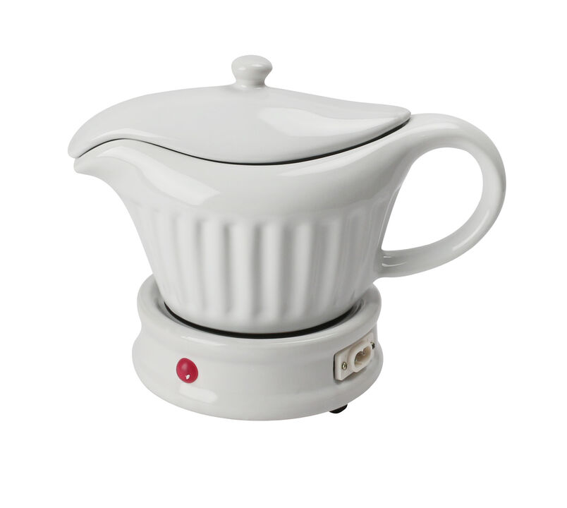 14 oz. White Ceramic Electric Gravy Boat Warmer with Lid and Detachable Power Cord