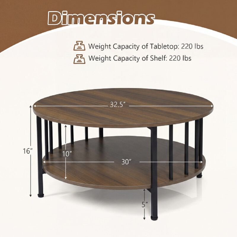 2 Tier Round Coffee Table with Open Storage Shelf and Metal Frame image number 2