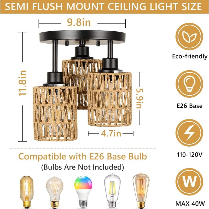 ELEMENT ACE 3-Light Hand-Woven Natural Rattan Semi Flush Mount Ceiling Light, Boho Rustic Farmhouse Style Ambient Lighting for Hallway Living Room Bedroom Entryway image number 2