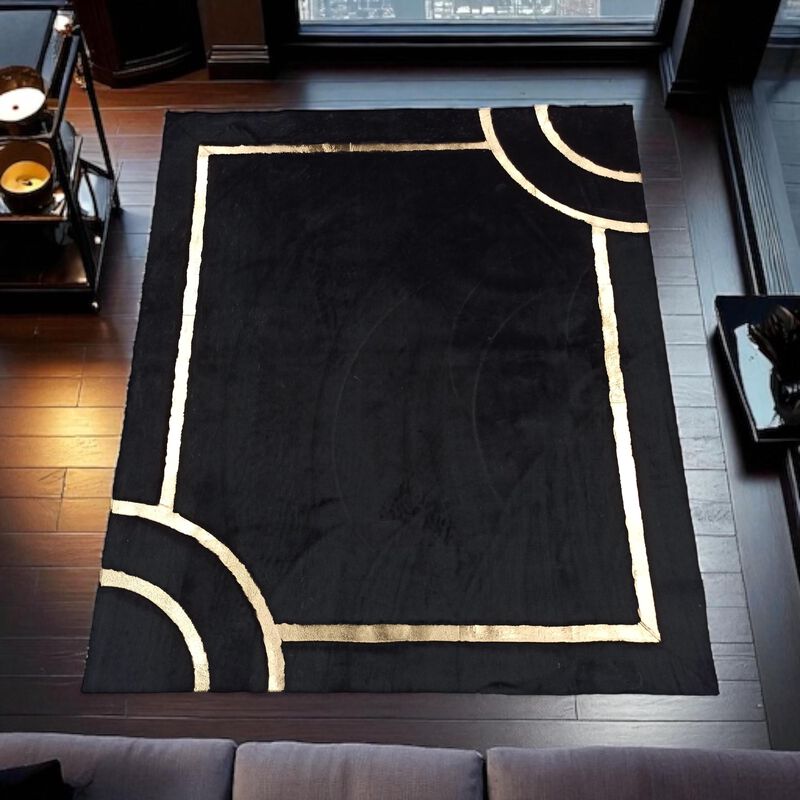 Black Geometric Gold Border Plush Rug image number 1