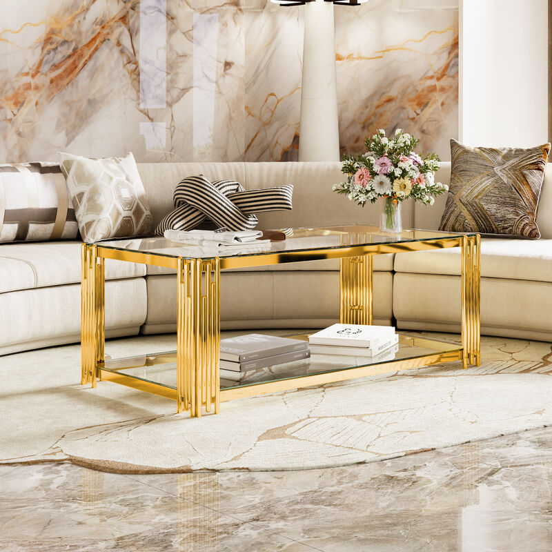 Merax Modern Black Mirror Coffee Table - Gold Asymmetrical Metal Frame with Lower Shelf image number 2