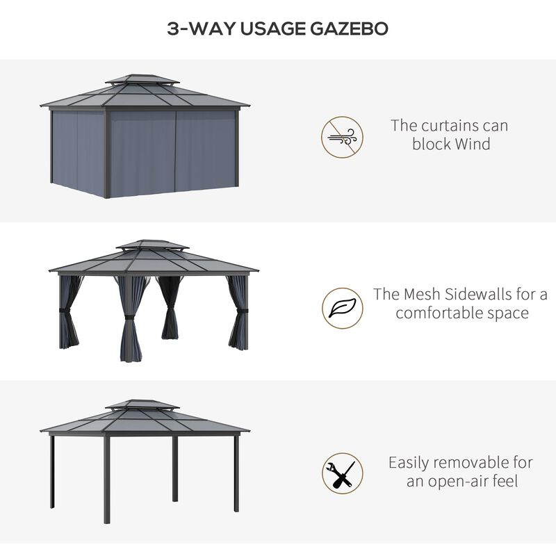 10x12 Hardtop Gazebo with Aluminum Frame, Polycarbonate Gazebo Canopy with Curtains, Netting for Garden, Patio, Backyard, Black
