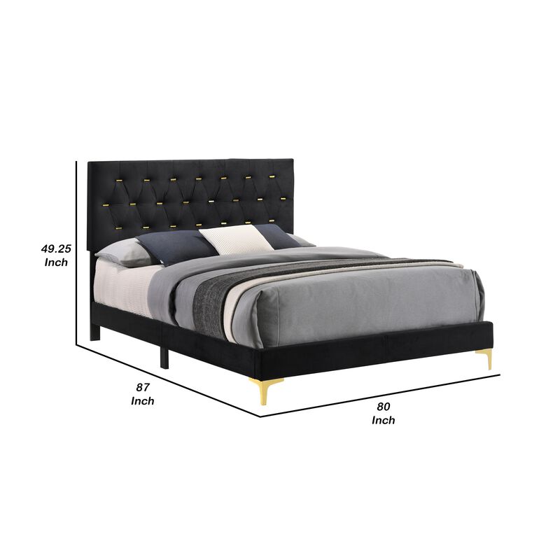 Lif Platform King Size Bed, Panel Tufted Headboard, Gold, Black Velvet-Benzara image number 5