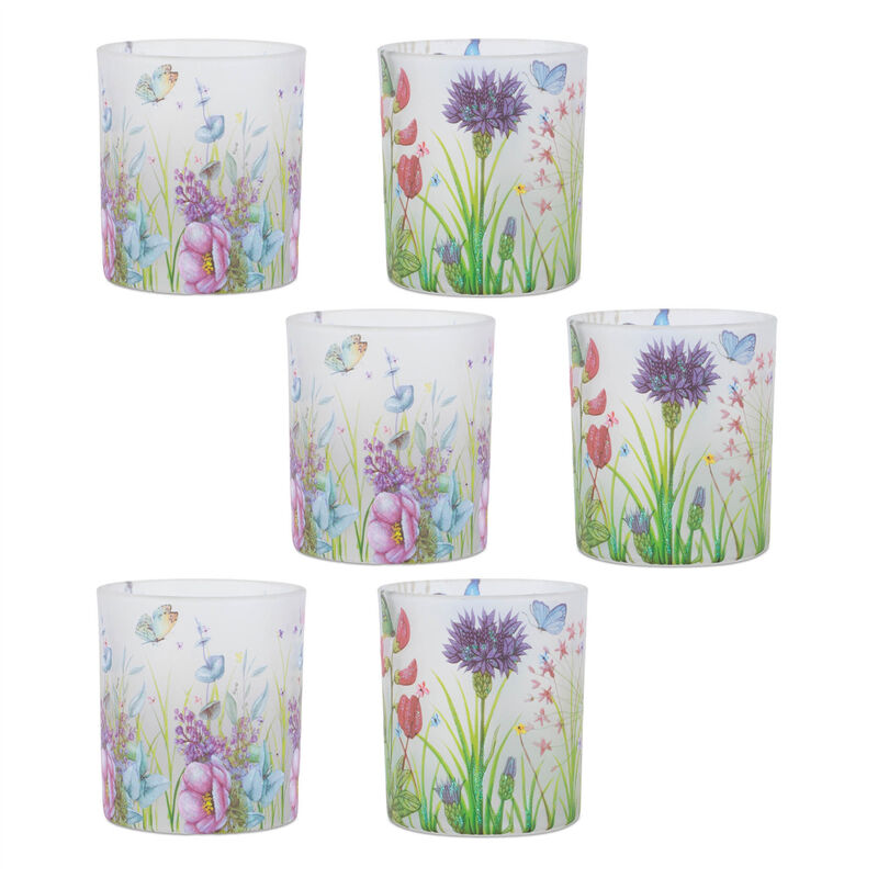 HomeRoots Set of Six Green White Green And Purple Floral Glass Tabletop Votive Candle Holders image number 0