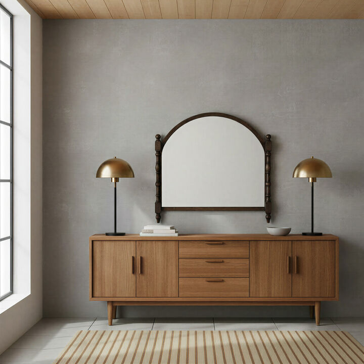 Arched Wall Mirror with Wood Dowel Frame, Dark Walnut Finish
