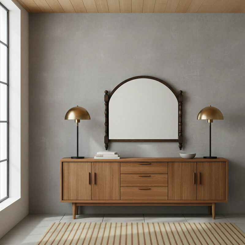 Arched Wall Mirror with Wood Dowel Frame, Dark Walnut Finish image number 1