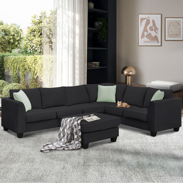 Large L-Shaped Sectional Sofa with Ottoman & 3 Pillows, 7-Seat Modular Fabric Living Room Set