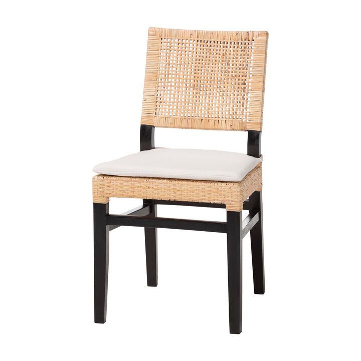 bali & pari Lesia Natural Rattan Dining Chair with Cushion - Handwoven Wicker Side Chair with Mahogany Wood Frame, Coastal Boho Style Seating for Kitchen or Dining Room, Espresso Brown