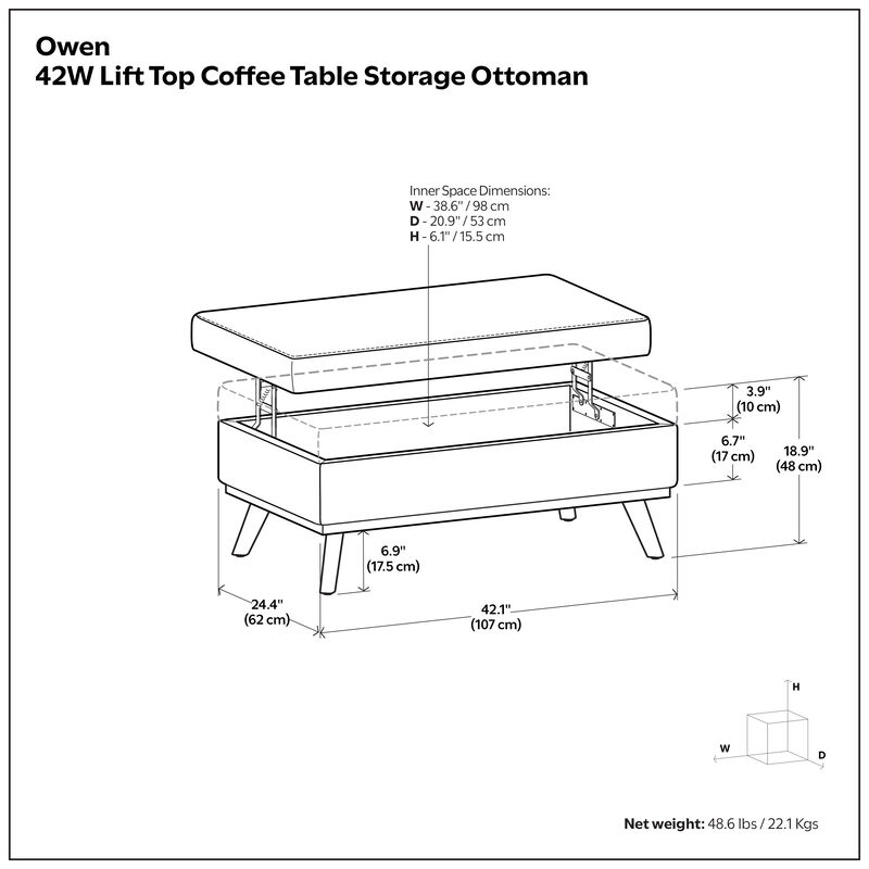 Owen 42 inch Wide Mid Century Modern Rectangle Lift Top Large Coffee Table Storage Ottoman in Distressed Black Vegan Faux Leather, Assembled image number 8