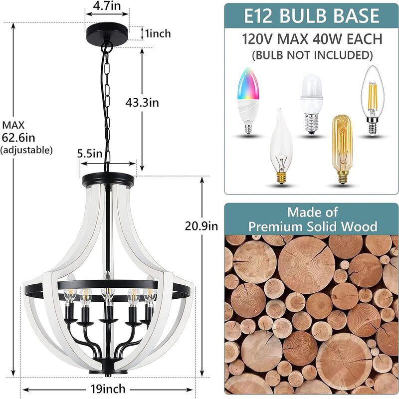 ELEMENT ACE 5-Light Modern Farmhouse Solid Wood Chandelier Dual Use Pendant & Flush Mount Ceiling Light Fixture for Dining Room Kitchen Island Living Room Foyer Entryway image number 2