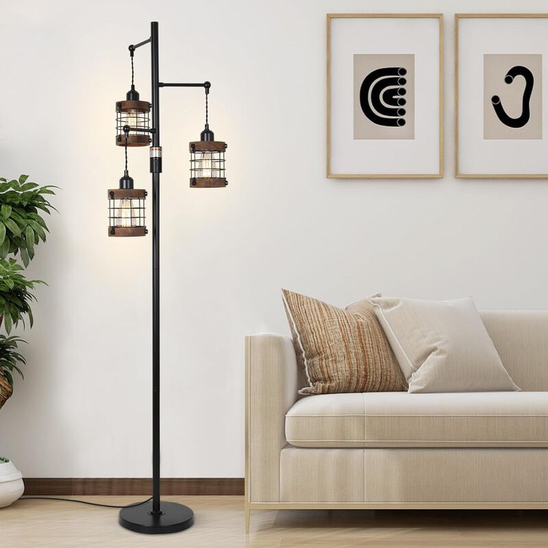 ELEMENT ACE Dimmable 3-Light Industrial Farmhouse Floor Lamp with Metal Cage Shades, Sturdy Stable Base for Living Room, Bedroom, Office, Study, Bar and More image number 8