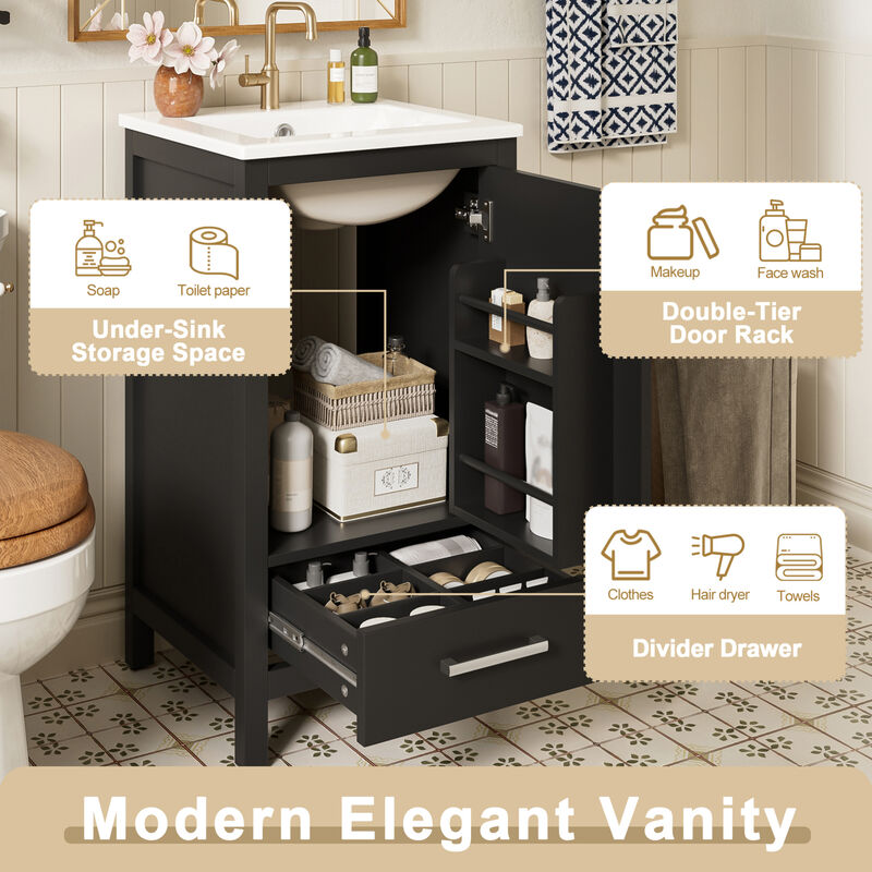 ELEMENT ACE Compact Bathroom Vanity with Integrated Ceramic Sink, Soft-Close Drawer & Door, Divider Drawer, Adjustable Foot Pads for Small Bathrooms image number 6