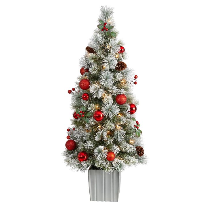 Nearly Natural 4-ft Winter Flocked Artificial Christmas Tree Pre-Lit with 50  LED Lights and Ornaments in Decorative Planter