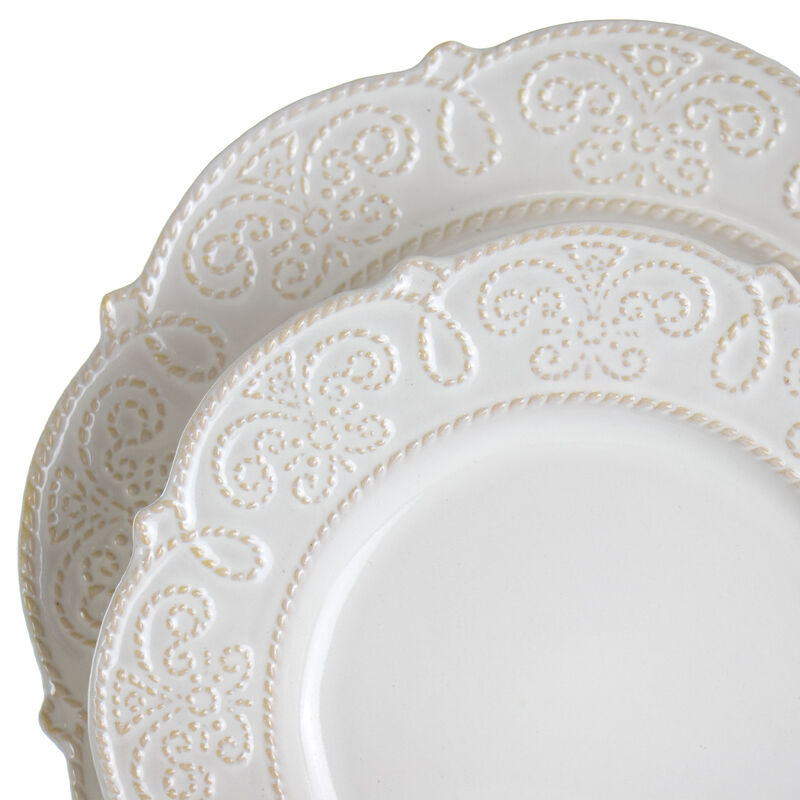 Elama Luna 16 Piece Embossed Scalloped Stoneware Dinnerware Set in White