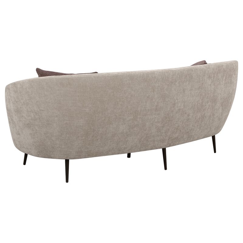 Zui Curved Sofa, 92 Inch, Beige Fabric, Round Design, 3 Accent Pillows - Benzara