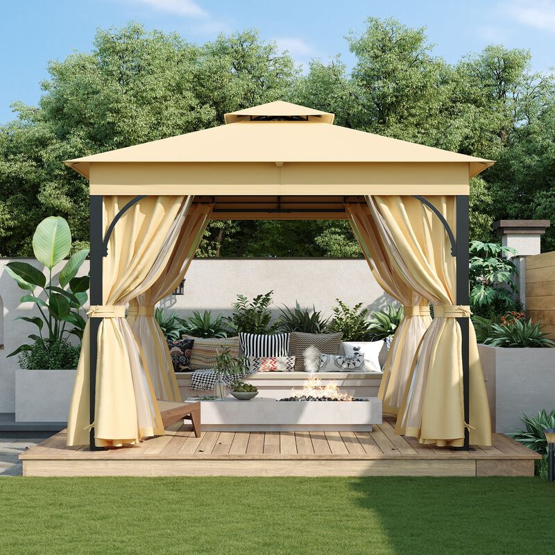 10'x10' Outdoor Gazebo Tent with Double Roofs, Mosquito Netting & Privacy Screens