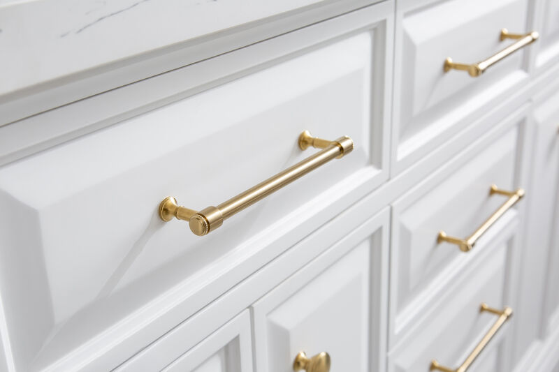 Palace 60 In. Double Sink Carrara Quartz Countertop Bath Vanity in Pure White with Satin Gold Hardware