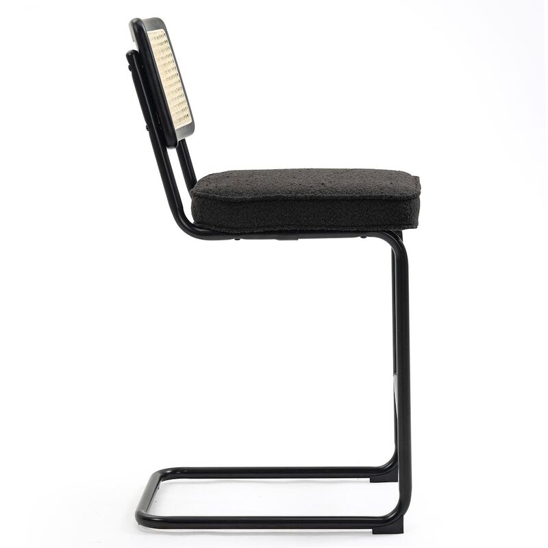 Glamour Home Set of 2 Black Boucle Fabric Counter Stool Rattan Backrest and Black Steel Legs