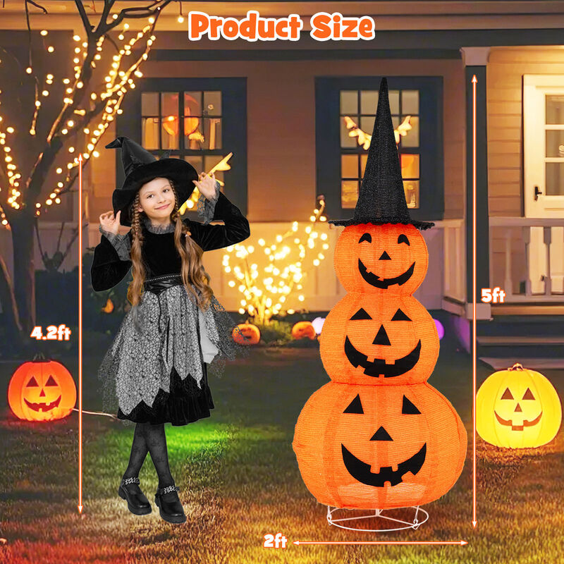 Lighted Stacked Pumpkins Halloween Decoration with Witch Hat image number 3