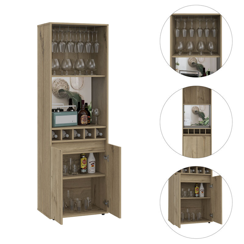 DEPOT E-SHOP Dallas Bar Double Door Cabinet, Five Built-in Wine Rack, Two Shelves, Two Interior Shelves, Light Oak