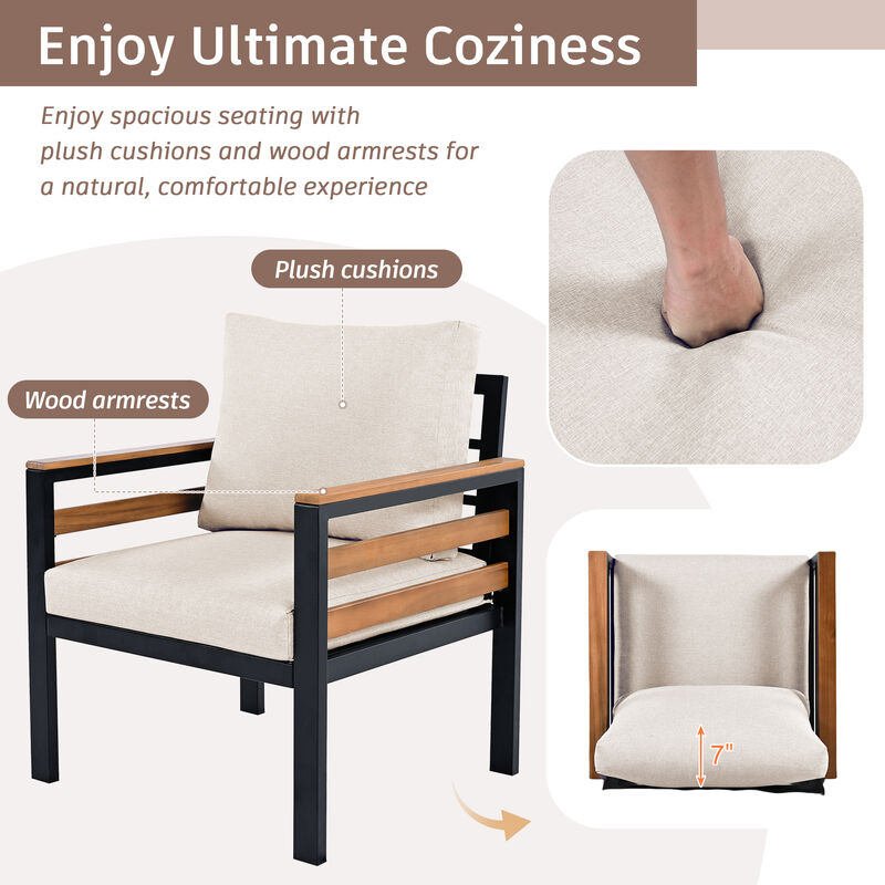 Whisen 4-Piece Outdoor Furniture Sofa Set, Patio Conversation Set with Removable Cushion and Solid Wood Coffee Table image number 5