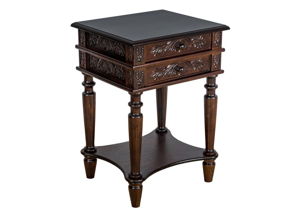 2 Drawer End Table with Intricate Carvings and Open Bottom Shelf, Brown-Benzara