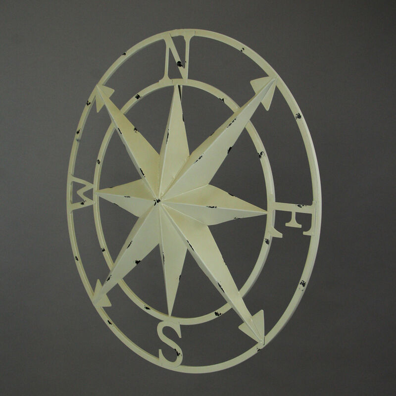 Antiqued White Indoor Outdoor Metal Compass Rose Wall Sculpture 20.5 Inch image number 1