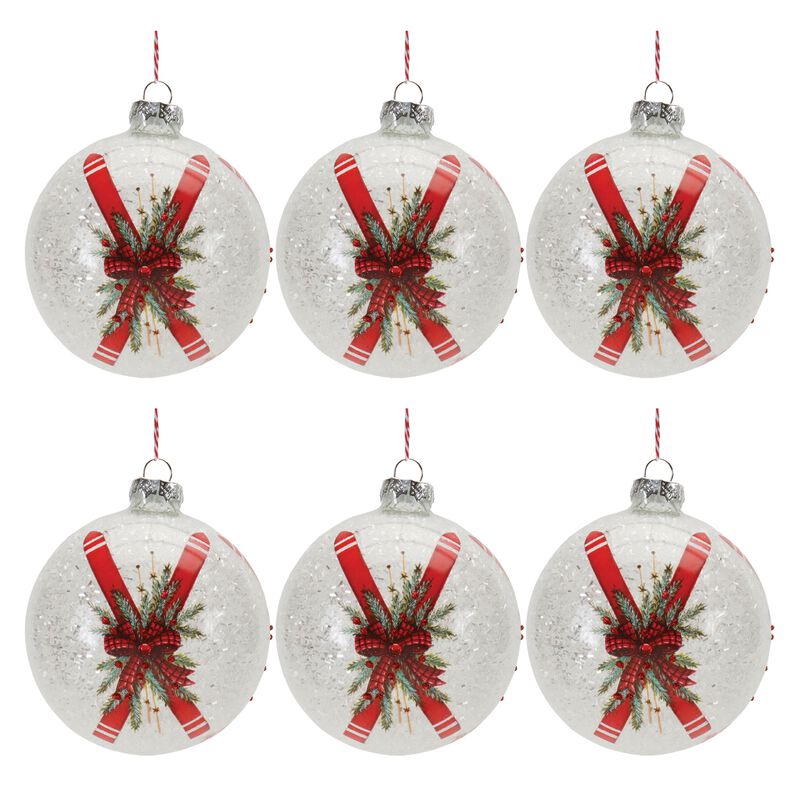 Set of 6 Ski-Themed Frosted Glass Ball Ornaments for Seasonal Tree Display